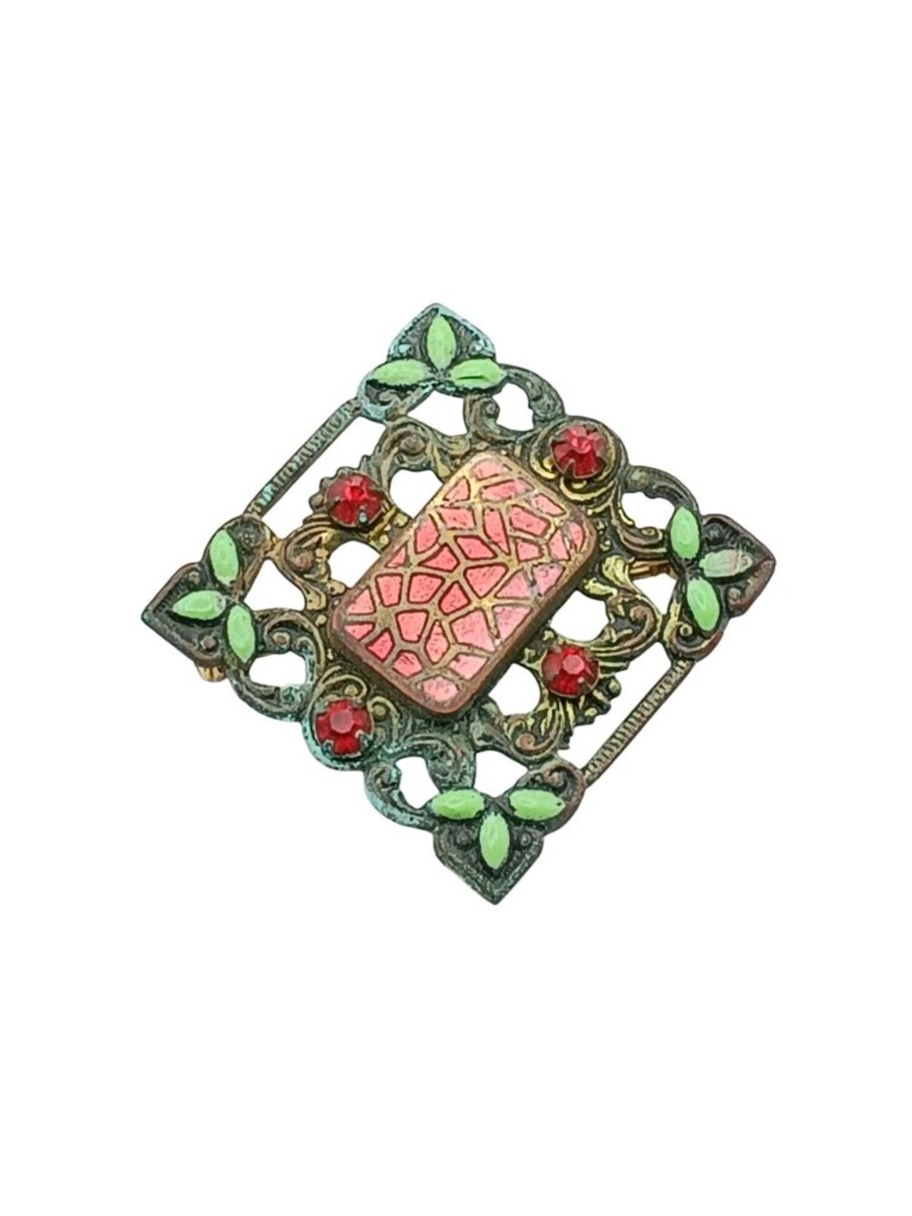 Art Nouveau Vintage Enamel Rhinestone Brooch Pin Pink Green Floral Filigree